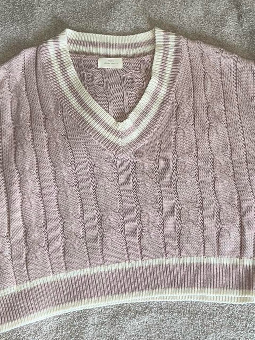 Cable Knit V-Neck Sweater Vest in Light Pink with Contrast Trim